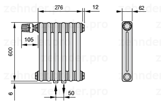 Схема (чертеж) Радиатор Zehnder Charleston 2060/6 №V007 Белый глянцевый RAL 9016